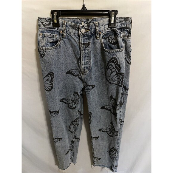 Pacsun Women’s Distressed Hem Jeans Size 28x27 Blue Butterfly Motif Party School - Picture 1 of 12